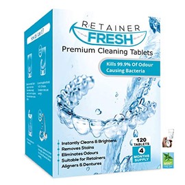 Retainer Cleaning Tablets - 120 Tablets 4 Months Supply Retainer Fresh, Brite, and Stain-Free - Retainer Cleaner Tablet, Invisalign, Mouth Guard, Dentures, Aligners