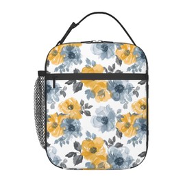 ainori - Lonchera floral reutilizable para niños, niñas, mujeres, adultos, bolsa de almuerzo aislada con flores amarillas y azules, bolsa de poliéster para la escuela, picnic, trabajo, viajes, playa o