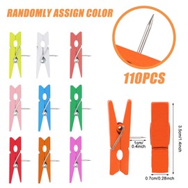 110Pcs Colorful Push Pin with Wooden Clips, Durable Wooden Push Pins, Decorative Pushpins Tacks Thumbtacks, Tacks for Cork Board Artworks Notes Photos, Offices and Homes | Utron