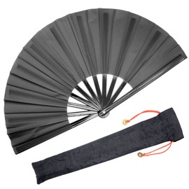 OMyTea Large Rave Clack Fan for Line Dancing - Boots on The Ground Folding Hand Fan - Foldable Chinese Tai Chi Kung Fu Fan - for EDM, Music Festival, Hot Flashes, Party, Decoration (Black)
