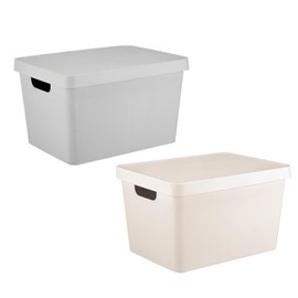 Pack of 2 Grey & Cream Storage Container With Lid Home Organising Solution 17L Box Basket