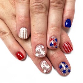 Short Square Press on Nails Stars Fake Nails Independence Day False Nails with Red White Stripes Design Full Cover Glitter False Nails 4th of July Glue on Nails for Women Girls 24Pcs
