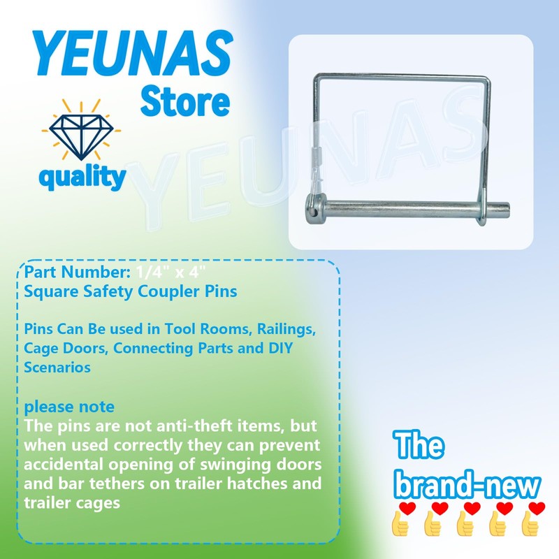 1/4" x 4" Square Safety Coupler Pins, Square Locking Pins,