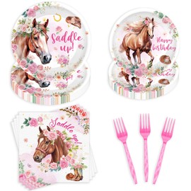96 Pcs Horse Birthday Party Decorations Tableware Set for Girls, Horse Lover Party Supplies for 24 Guests, Includes Plates, Napkins, Forks