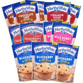 Martha White Muffin Mix Sampler Variety Pack, Pack of 12, Chocolate Chip, Blueberry, Strawberry, Cinnamon Sugar, Wildberry, Just Add Milk