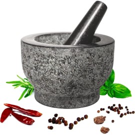 Brefr Large Mortar and Pestle Set 6 Inch Granite Natural Stone Grinder Bowl Spices