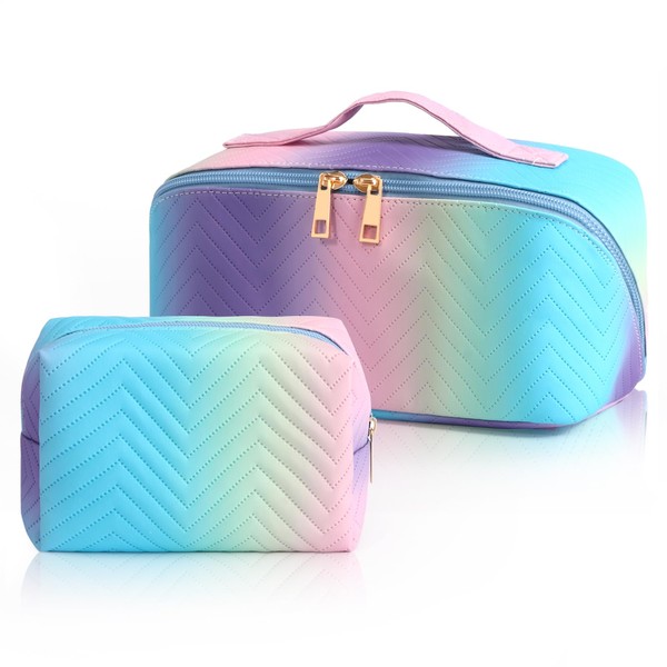 Yokilly 2PCS Makeup Bag,PU Leather Gradient Travel Bag,Large Capacity Make Up Bag,Portable Cosmetic Bags,Multifunctional Waterproof Travel Bags (Gradient Color-4)