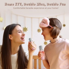 Mini Karaoke Machine for Kids, Portable Bluetooth Speaker with 2 Wireless Microphones HiFi Music Player, Retro Microphone and Speaker Set Toys Gifts for Kids Birthday Home Party (Pink)