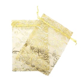 zhiheng 100pcs Organza Wedding Party Gift Bags Rattan Print Sheer Drawstring Pouches Jewelry Gift Bags Christmas Party Gift Favor Bags (Gold, 3"x4")