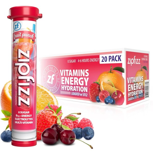 Zipfizz Daily Energy Drink Powder, Fruit Punch, 20 Pack 3-in-1