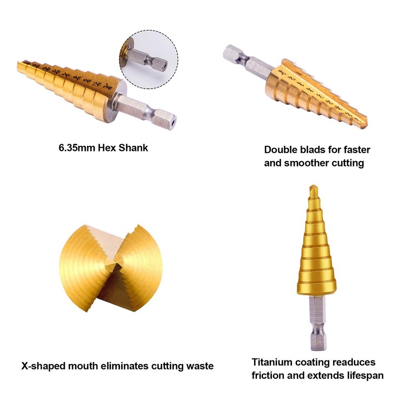 HSS Step Drill Bit Set - 3PCS 1/4" Hex Shank