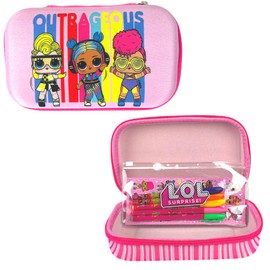 LOL Surprise Doll Pencil Case Set with LOL Stickers and Gel Pens for Girls, Molded with Zip Closure, Pink