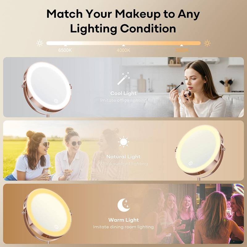 Makeup Mirror with Lights, 5000 mAh Rechargeable Double Sided Magnifying