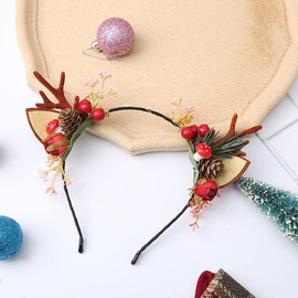 Carufin Christmas Antlers Hair Accessories Xmas Party Berry Flower Hair Hoop Headwear Hair Accessories for Women Girls (A)