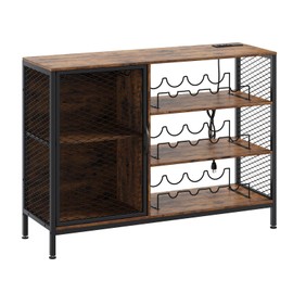 GarveeHome 42" Industrial Coffee Bar Cabinet with Led Lights and Power Outlets, Wood Liquor Cabinet w/Doors, Glass Holders & Storage, Mini Coffee Bar for Home Dining Living Room, Rustic Brown