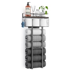 Large Towel Rack & Bathroom Towel Holder - Wall Mounted Metal Rack with Wooden Floating Shelf, Small Bathroom Towel Storage, Easy Holds 6 Large Rolled Towels, Black with Brown Plank