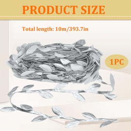 10 m Stripes Gift Ribbon, Sliver Leaf Ribbon, Silver Leaf Trimming Ribbon, Gift Streamers, Artificial Plants Ribbons, Garland Leaf Ribbon, Leaf Headbands, Leaves Ribbon for DIY Party (Silver)