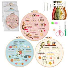 QEEYON Beginners Embroidery Stitch Practice Kit, 3 Sets Embroidery Starter Kits for Adults, Learning 30 Different Stitches,Including Cloth with Patterns, Floss, Thread, Needles, Hoops, Instructions(B)
