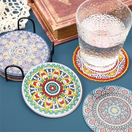 8 Pcs Diamond Art Coasters with Holder, Abstract Art DIY Diamond Painting Coasters Kits for Beginners/Adults/Kids (Mandala Flowers)