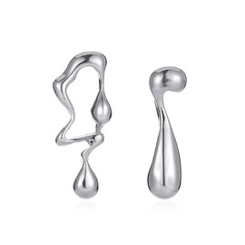 DORAMEE Abstract Aesthetic Unique Designer Mismatched Irregular Waterdrop Gold Plated Statement Dangle Earrings, Modern Asymmetrical Silver Hypoallergenic Alloy Drop Earrings for Women