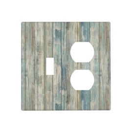 Kitchen Rustic Farm Cabin Barn Door 2-Gang 1-Toggle 1-Duplex Device Combination Wallplate Blue Teal Vintage Wood Wooden Grain Single Toggle Switch One Duplex Receptacle Outlet Combo Light Switch Cover