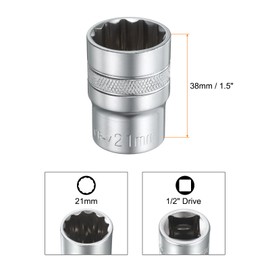 sourcing map 1/2" Drive by 21mm 12-Point Shallow Socket 38mm Length Metric Spline Socket