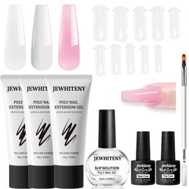 JEWHITENY Poly Extension Gel Nail Set Clear White Pink Poly Nail Gel With Base Coat Top Coat for Finger Art and Home DIY French Manicure Need U V Lamp Curing
