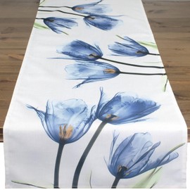Table Runner Tulips Blue Beige Cream Modern Printed Motif Tablecloth for Spring and Summer 40 x 140 cm