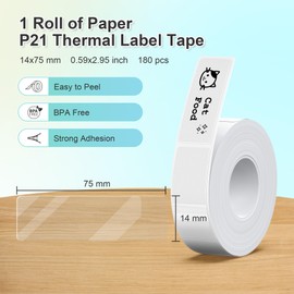 Nelko Genuine P21 Label Maker Tape, Adapted Label Print Paper, 14x75mm (0.55"x2.95"), Standard Laminated Labeling Replacement, Multipurpose of P21 Label Maker, 180 Tapes/Roll, 1 Roll, Transparent