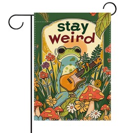 Terkki Funny Stay Weird Frog Decorative Garden Flag, Whimsical Forest Guitar Mushroom Floral Small Yard Outside Decorations, Botanical Flower Snail Burlap Outdoor Home Decor Double Sided 12 x 18