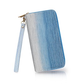 AfitLulu Women Wallets Frosted PU Wristlets Purse with Detachable Wristband, Ladies Purse Clutch Wallet Double Zippers Womens Purse Gradient Color Ladies Wallet for Phones Lipstick (Blue)