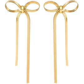 14K Gold Bow Earrings for Women - Herringbone Bow Earrings - Big Tie Earings 14K Gold Plated Earring For Women - Long Tassel Chain Ribbon Wedding Statement Dangle Bowtie Dangling Fashion Jewelry