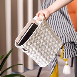 Wicker Waste Basket with Built-in Handles, Multifunctional Mini Basket for Home and Office, Compact Design and Durable Construction with Fine Artisanal Craftsmanship (White)