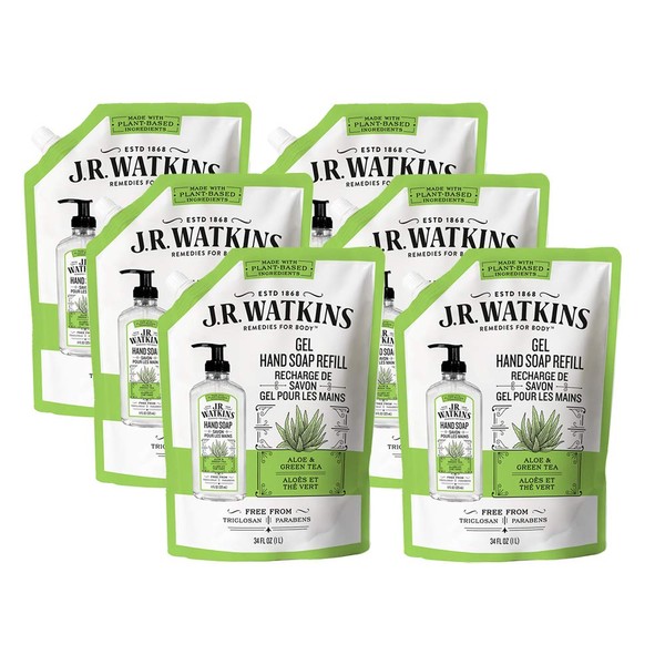 JR Watkins Gel Hand Soap Refill Pouch, Aloe and Green Tea, 6 Pack, Scented Liquid Hand Wash for Bathroom or  Kitchen, USA Made and Cruelty Free, 34 fl oz (packaging may vary)