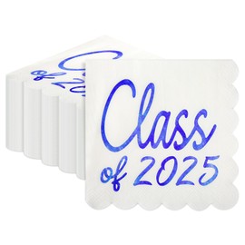 Houuqe 120pcs Class of 2025 Graduation Napkins, 5 x 5 Inch Disposable Congrats Grad Paper Cocktail Napkins, Scalloped Gold Foil Beverage Napkin for University School College Graduation Party (Blue)