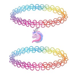 BodyJ4You Tattoo Choker Necklace - 90s Choker Necklace Women - 2000s Rainbow Choker - Glitter Unicorn Pink Purple Blue Charm Pendant - Colorful Stretchy Elastic Necklace