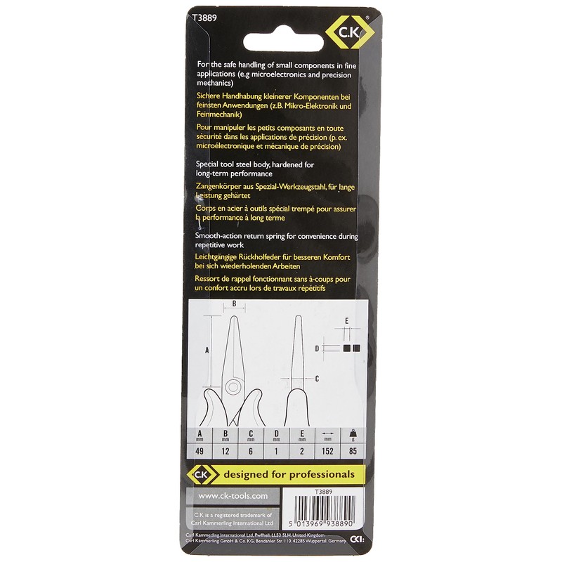 C.K T3889 Ecotronic ESD Long Snipe Nose Pliers, Black