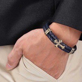 Raymard Mens Christian Cross Double Row Leather Bracelet, Religious Braided Cuff Bracelet for Men, Gold & Navy Blue - 8.4"