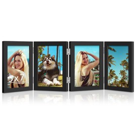 DUENPY 4 Folding 5x7 Picture Frame Horizontal Engineered Wood Accordion Photo Frame with Plexiglass Tabletop Bookshelf Display Black