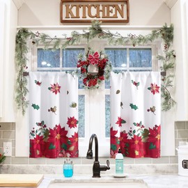 Christmas Curtains 36 Inch Length for Kitchen Window Set of 2 Pack Pocket Elegant Poinsettias Flower Farmhouse Green Red White Xmas Decor Blackout Short Curtain for Bathroom Door Small Windows
