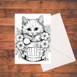 Kitttens in Floral Baskets Coloring Card Kit, 5" x 7" Greeting Card Stationary Set, Easy Adult Coloring A7 Cards with Mailing Envelopes, Greeting Cards, DIY Paper Crafting Kit