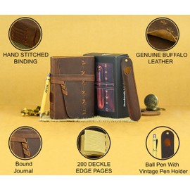 Leather Journal Notebook for Men & Women Daily Vintage Leather Bound Journal Travel Notebook 200 Deckle Lined Paper Diary Writing Journal Travelers Scrapbook Poetry Sketchbook Small Leather Gifts with