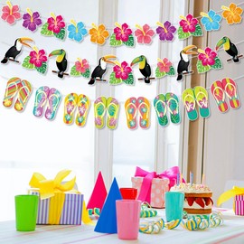koundeneko Hawaiian Decor Set of 5 Paper Garland, Fashion Summer Hawaiian Decoration, Flamingo Tropical Hibiscus Parrot Tropical Birds Colorful Paper Banner Hanging Decoration Summer Festival