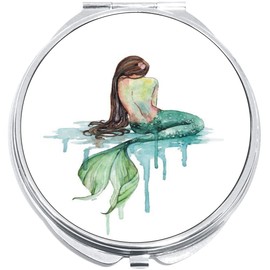 NewCharms Watercolor Mermaid Compact with Mirrors - Perfect Pocket and Purse Size Folding Mirror for Applying Make Up Anywhere