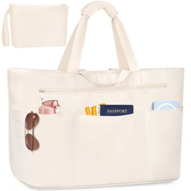 JUYANO Women's Large Beach Bag XXL Family with Zip, Waterproof Swimming Bag, Women's Foldable Versatile Tote Bag, Shopper Bag, Sauna Bag for Beach, Pool, Shopping, Travel, 45 L, Beige1