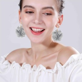 NONQL Bohemian Aesthetic Fabric Flower Lightweight Hoop Earrings Handmade Summer Vacation Dangle Drop Earrings For Women (Grey)