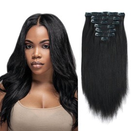 Lovrio 9A Yaki Clip in Hair Extensions Human Hair Real Thick Straight Clip in Hair Extensions Human Hair for Black Women, Remy Soft Jet Black Hair,120 Grams 7 Pieces With 17 Clips Yaki Hair 14 Inch
