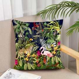 KUNQIAN Cushion Cover Outdoor Jungle Tropical Green Animals Throw Pillow Case Leopard Flamingo Zebra Decor Home Livingroom Couch Sofa Gift 18"x18"(45x45cm)