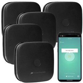 VisorTech Set of 5 Compact WLAN Design Smoke Detectors with Worldwide App, Black