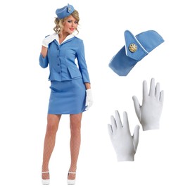 fun shack Flight Attendant Costume Women Blue, Retro Airline Stewardess Outfit with Hat & Gloves X-Large